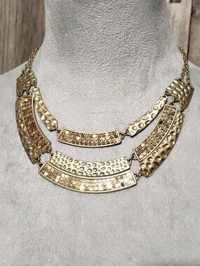 Gold Layer Stack Necklace Chunky Textured Gold Tone Adjustable Choker 16.5"